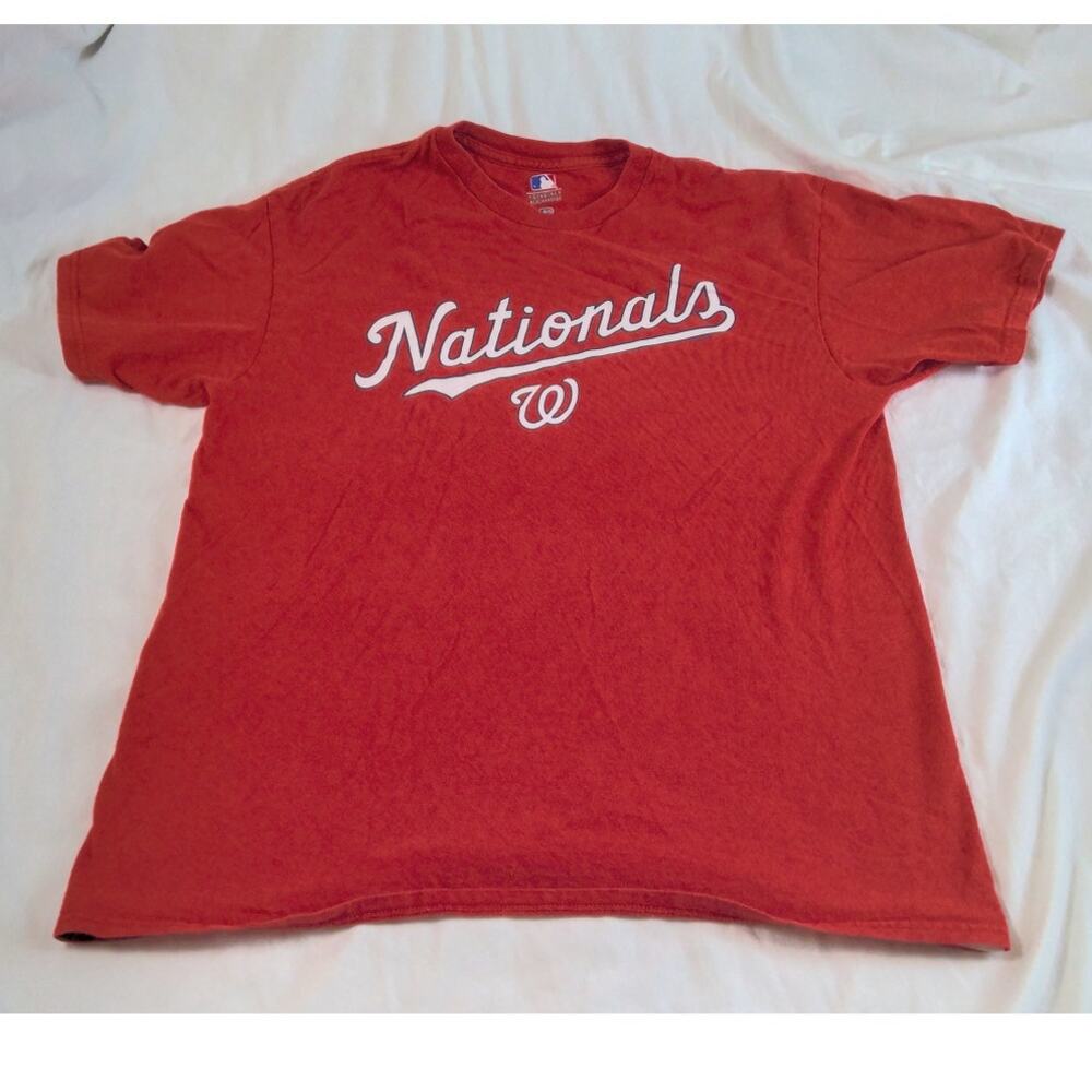 Washington Nationals T Shirt Large Red Team Spell Out/Logo 100% Cotton MLB